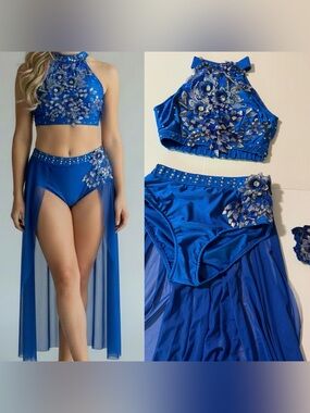 Glamour solo dance costume 2 piece embellished blue SA-Small adult